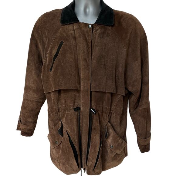 Vintage A.D.A. Anorak Brown Black Suede Jacket Winter Coat Women's Size Small - Picture 1 of 9
